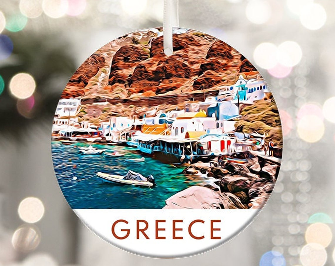 Greece Whitewashed Cliffside Village Christmas Ornament Travel Poster