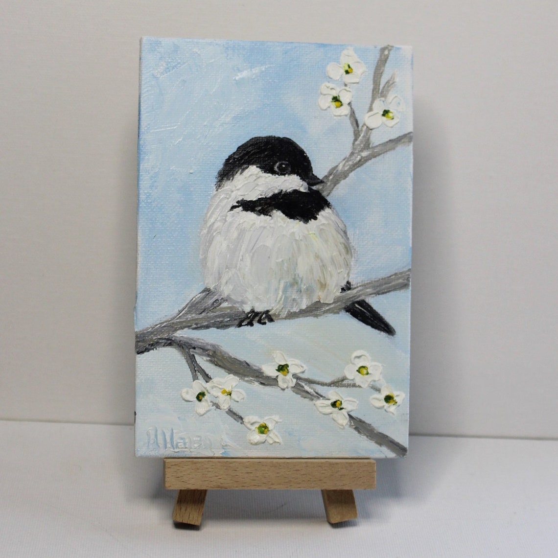 Black Capped Chickadee on Blossom Branch Impasto Oil Bird Poster