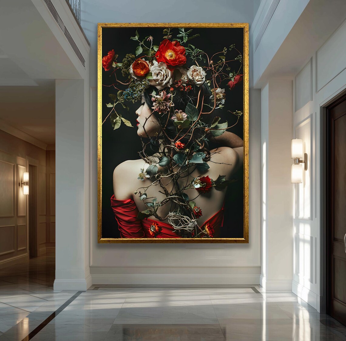 Elegant Woman With Flower Crown In Red Dress Dark Floral Wall Art