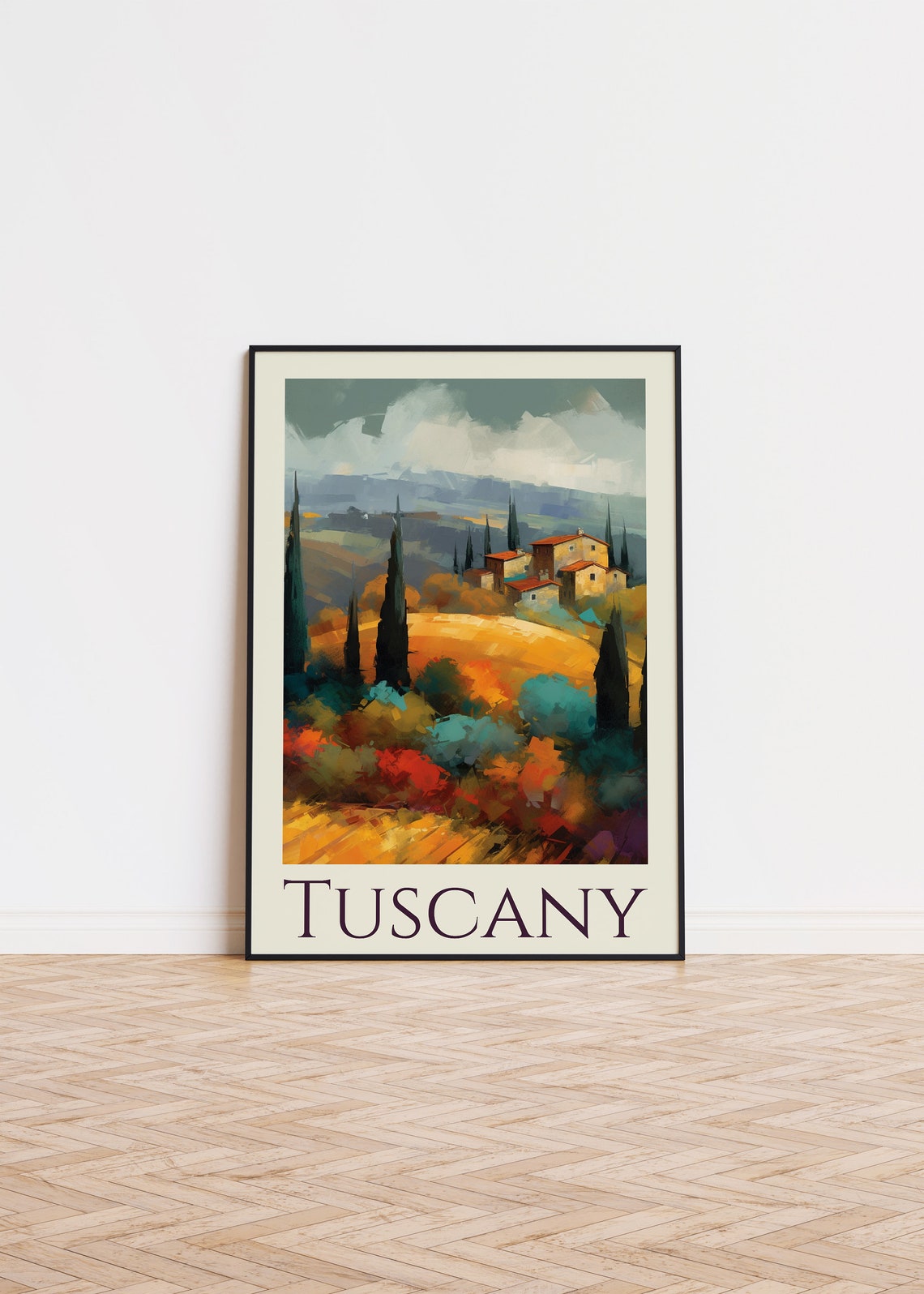 Tuscany Italy Rolling Hills Cypress Painted Travel Scene Poster