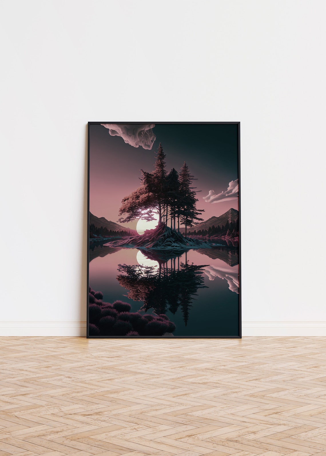Dreamy Pink Lake Sunset Tree Island Mirror Reflection Art Poster