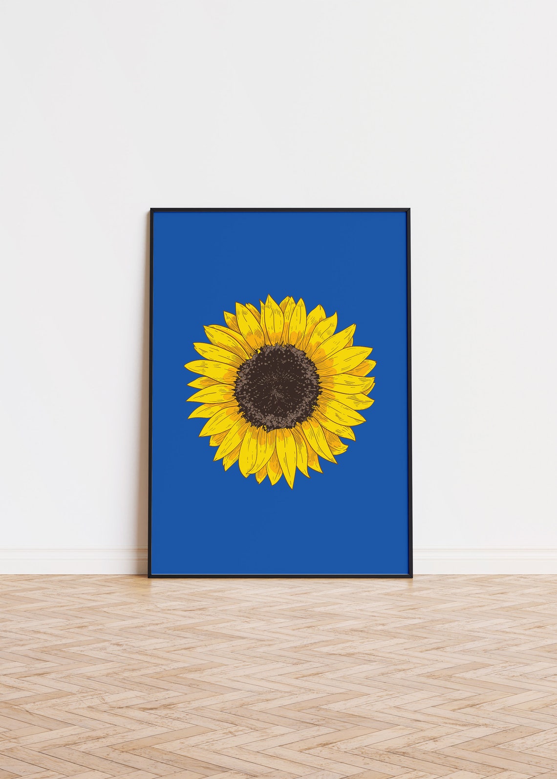 Sunflower on Cobalt Blue Minimalist Botanical Illustration Poster