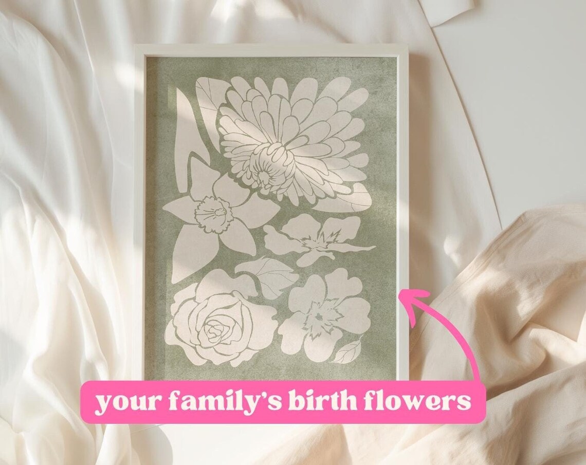 Your Familys Birth Flowers Sage Green Botanical Floral Poster