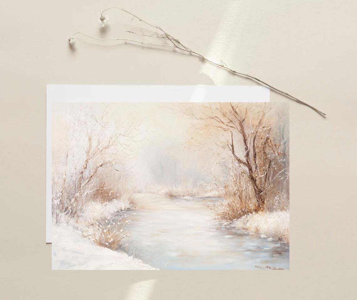 Neutral Antique Winter Creek Misty Forest Oil Painting Art Print - Image 3
