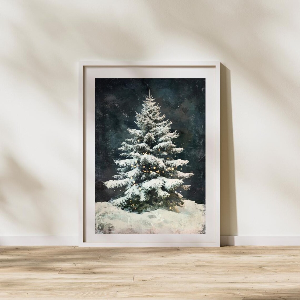 Snow Covered Christmas Tree Warm Lights Dark Vintage Style Art Print - Image 2