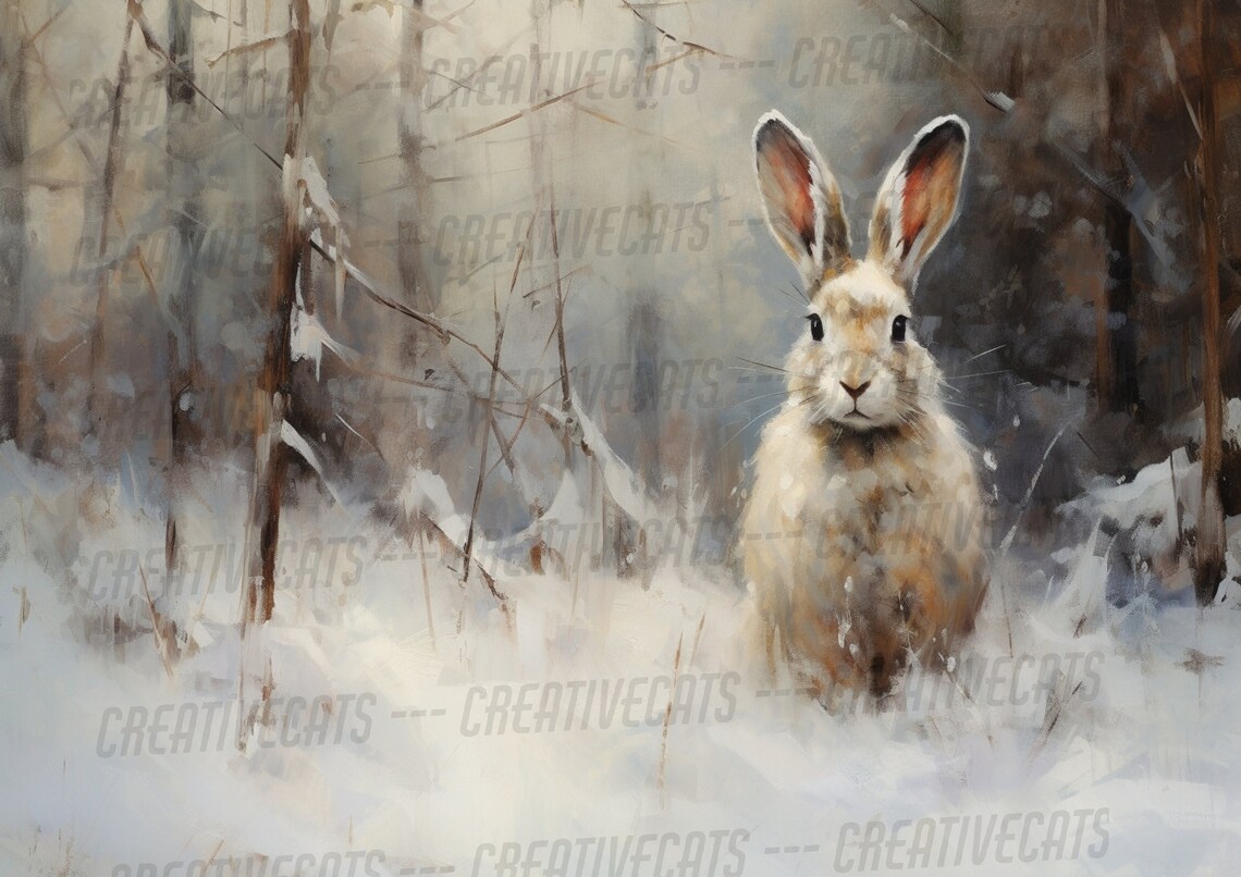 Winter Hare In Snowy Forest Vintage Oil Painting Rabbit Art Poster - Image 3