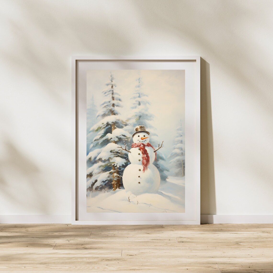 Snowman In Snowy Forest Vintage Oil Painting Red Scarf Winter Poster - Image 3