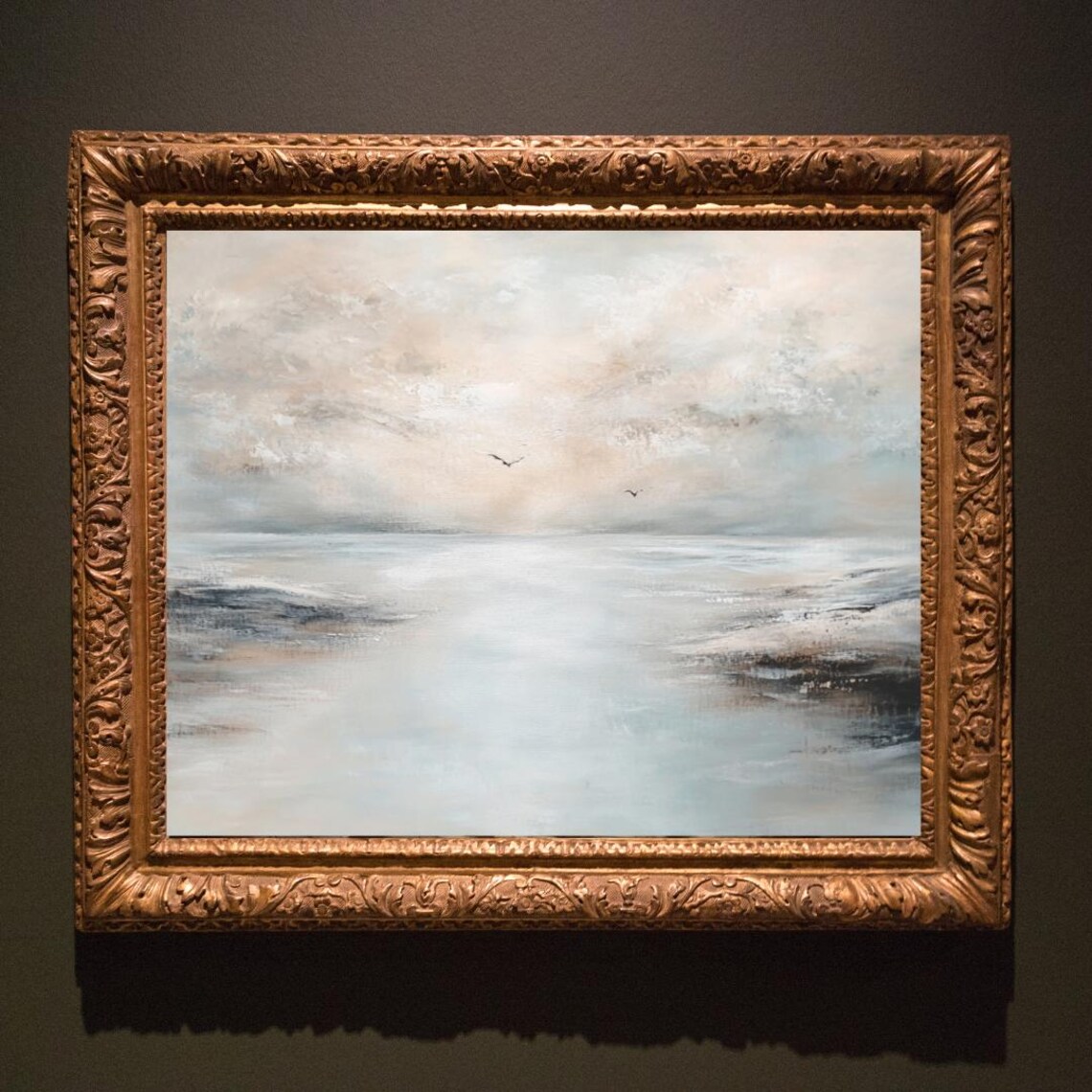 Neutral Antique Misty Seascape Painting Seagulls Vintage Art Print - Image 4