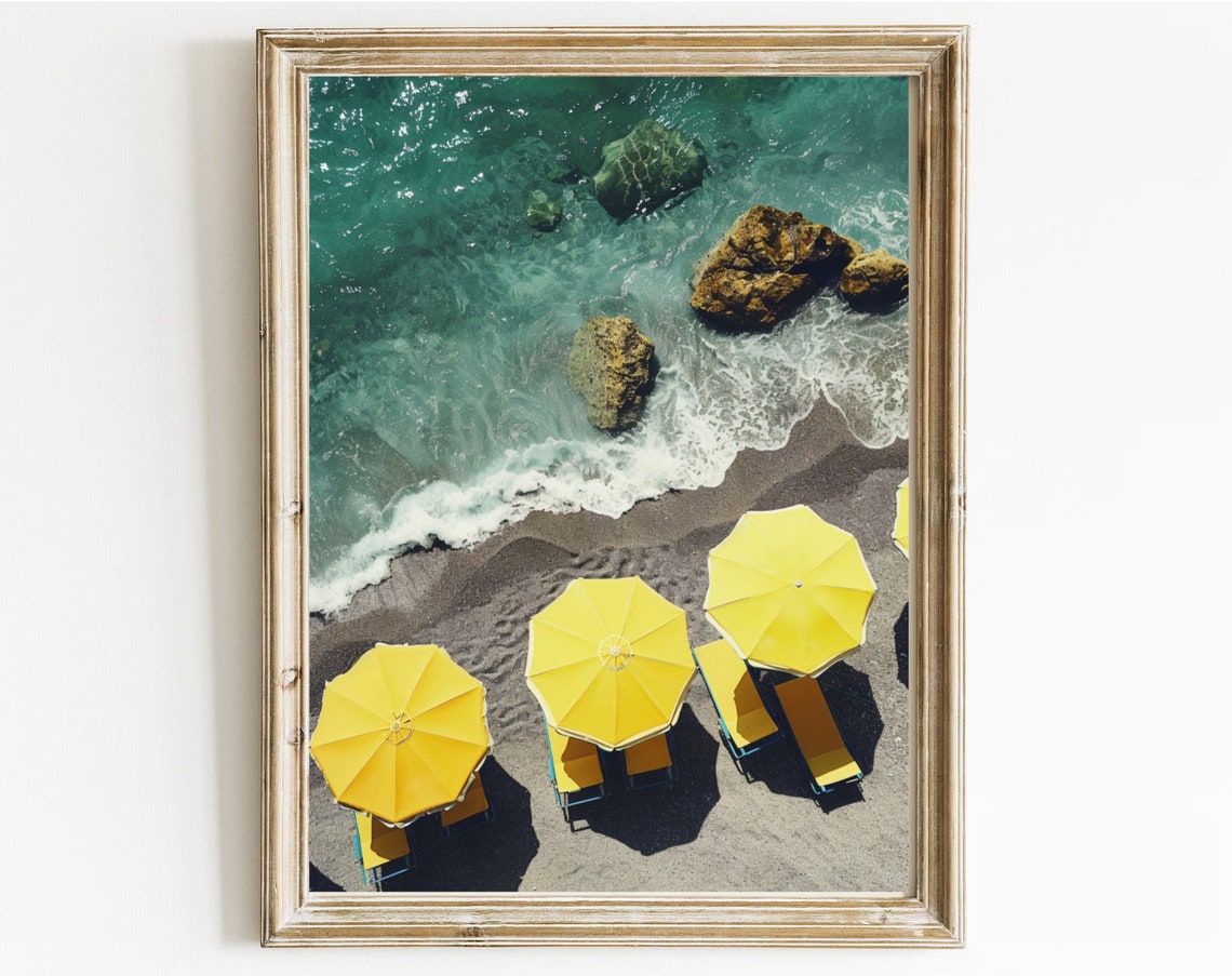 Yellow Umbrellas Rocky Coast Aerial Beach Photography Poster - Image 3