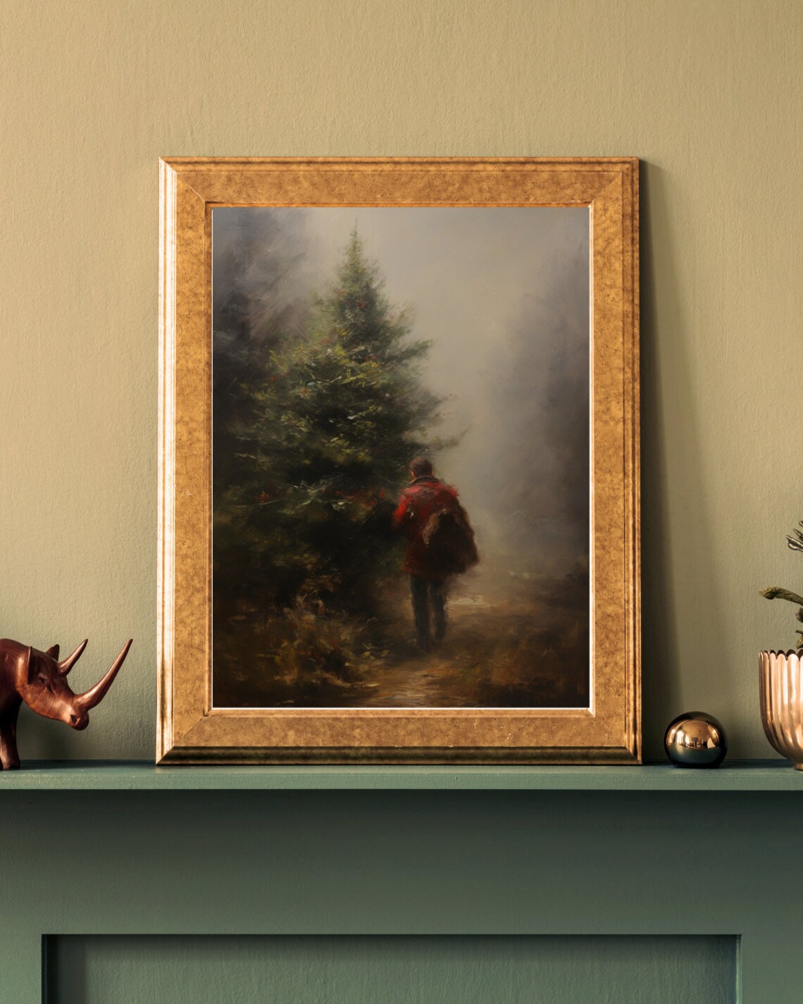 Moody Winter Painting Figure Carrying Christmas Tree In Fog Poster - Image 2