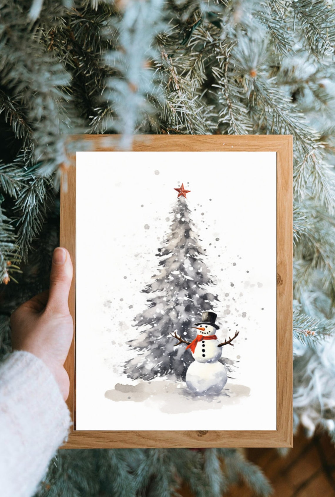 Watercolor Snowman With Red Scarf Christmas Tree Holiday Poster - Image 3