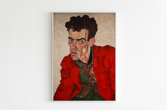 Egon Schiele Inspired Red Jacket Expressionist Portrait Poster