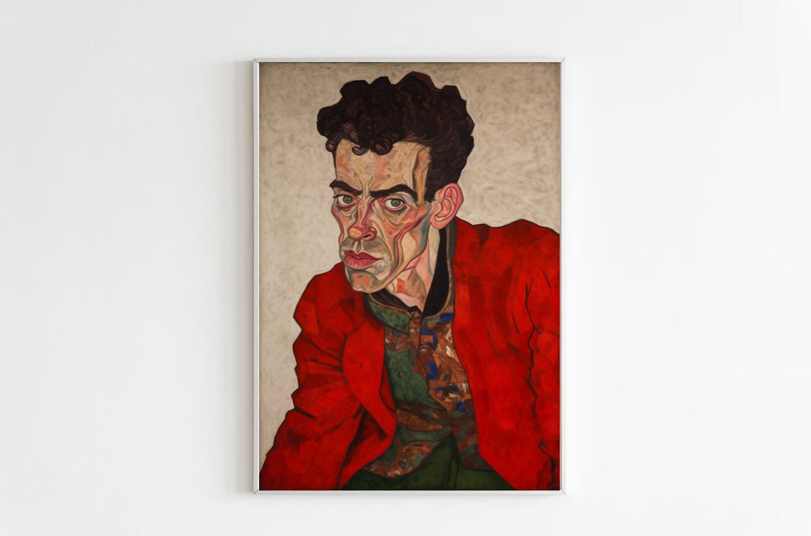 Egon Schiele Inspired Red Jacket Expressionist Portrait Poster