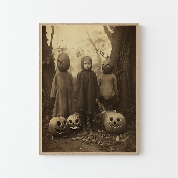 Vintage Sepia Halloween Photo Girl With Pumpkin Head Figures Poster
