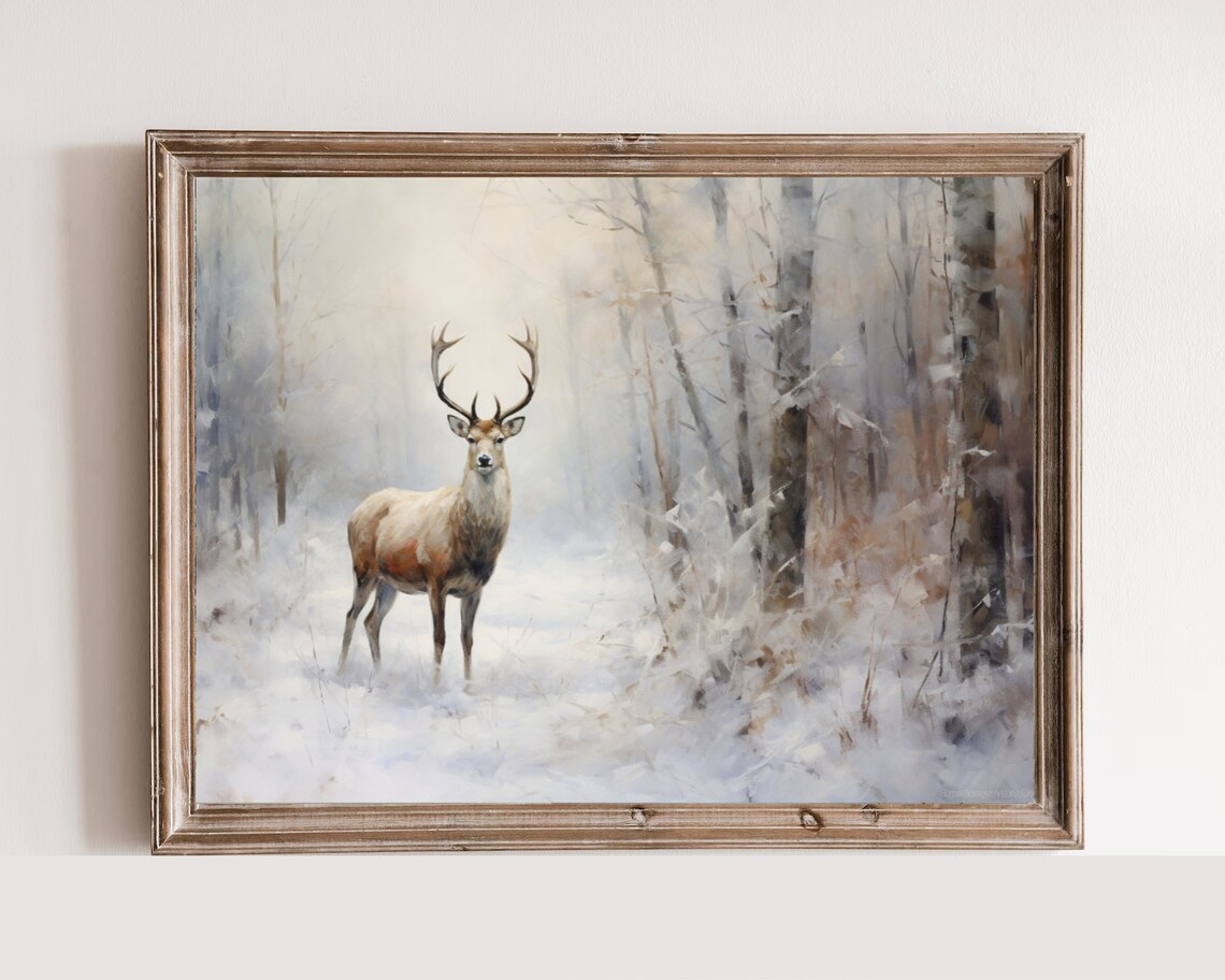 Majestic Stag Snowy Birch Forest Winter Wildlife Painting Poster