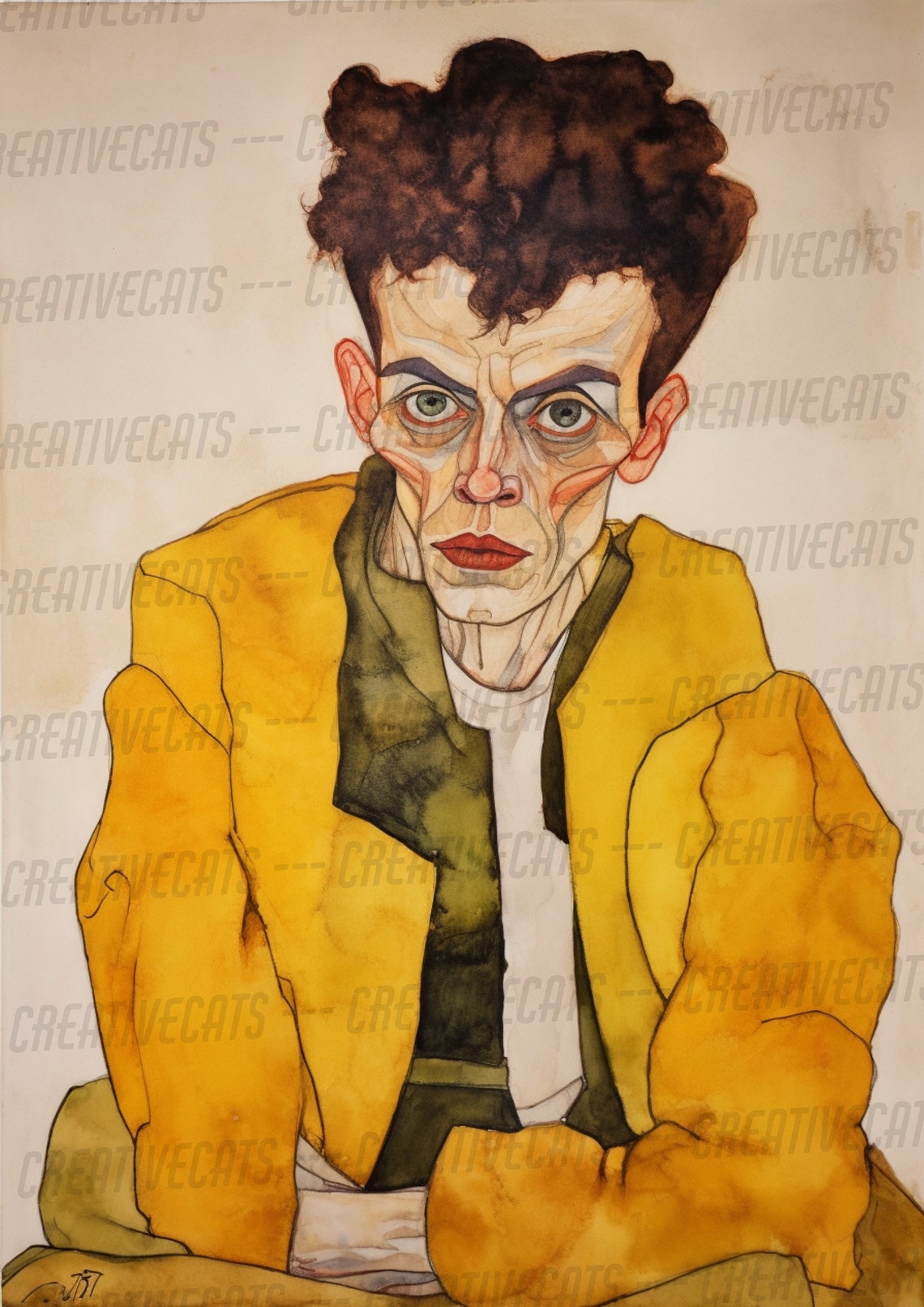 Egon Schiele Inspired Expressionist Portrait Yellow Jacket Wall Art - Image 4