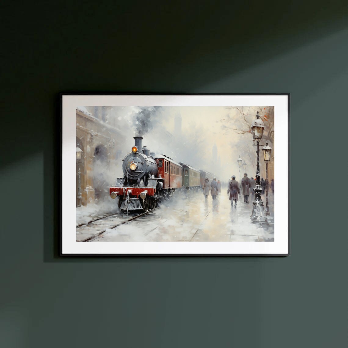 Vintage Steam Train Snowy Station Winter Railroad Painting Poster - Image 4