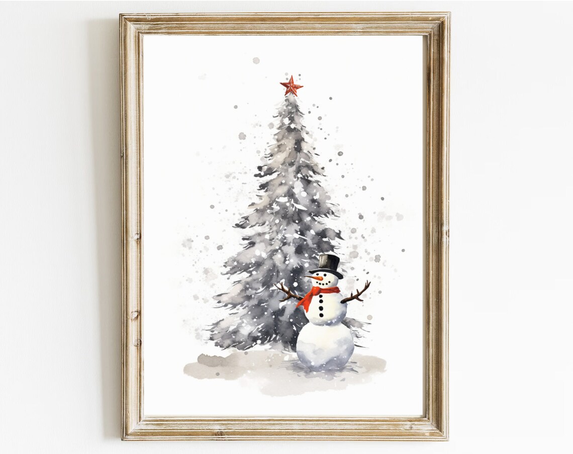 Watercolor Snowman With Red Scarf Christmas Tree Holiday Poster - Image 2