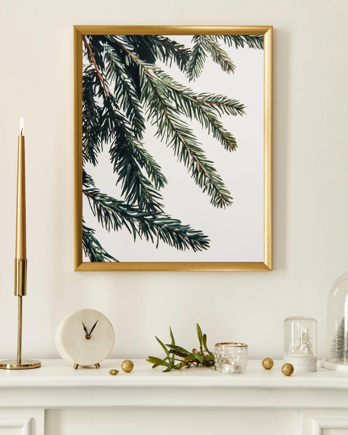 Pine Fir Branch Close Up Study Minimalist White Botanical Art Print - Image 4