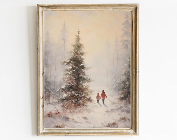 Winter Oil Painting Snow Covered Landscape Impressionistic Vintage Landscape Winter Decor Moody Winter Painting Winter Walk