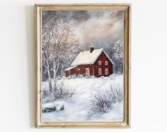 Winter Farmhouse Print Vintage Moody Winter Painting Vintage Wall Art Unique Home Decor