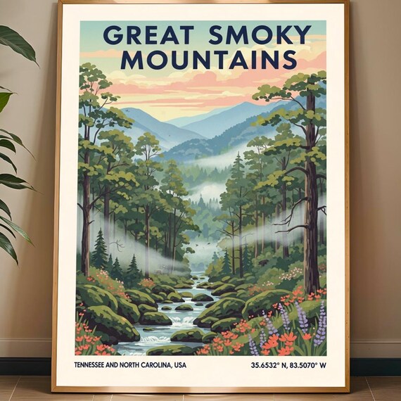 Great Smoky Mountains Tennessee Misty Forest Stream Travel Poster