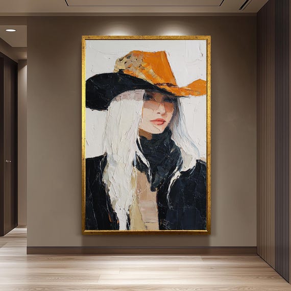 Abstract Western Cowgirl Oil Painting Bold Woman In Textured Orange And Black Cowboy Hat Rustic Southwestern Wall Art Canvas