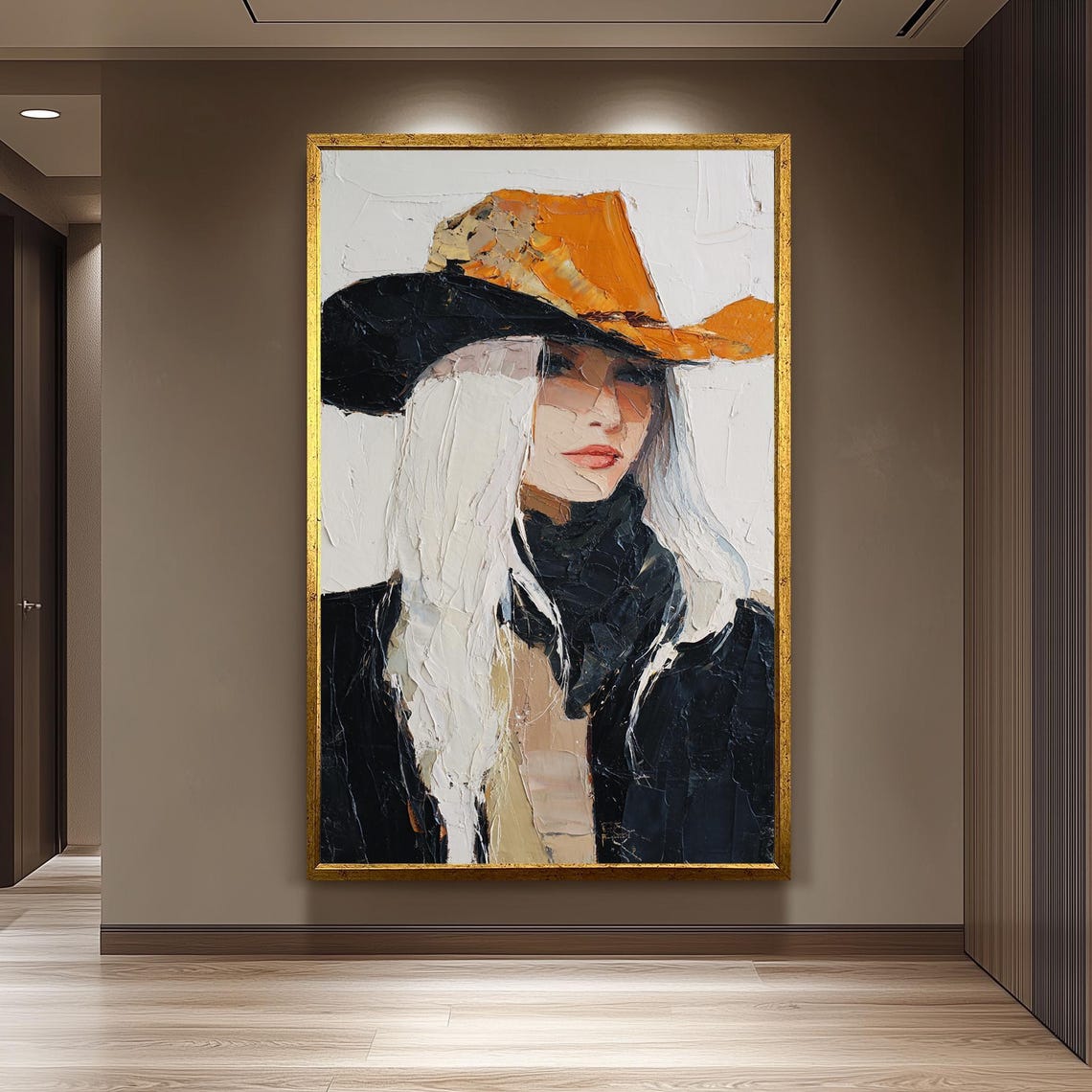 Abstract Western Cowgirl Orange Cowboy Hat Bold Textured Oil Poster