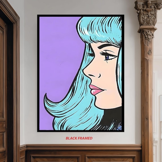 Retro Comic Pop Art Blue Haired Woman In Profile On Purple Poster