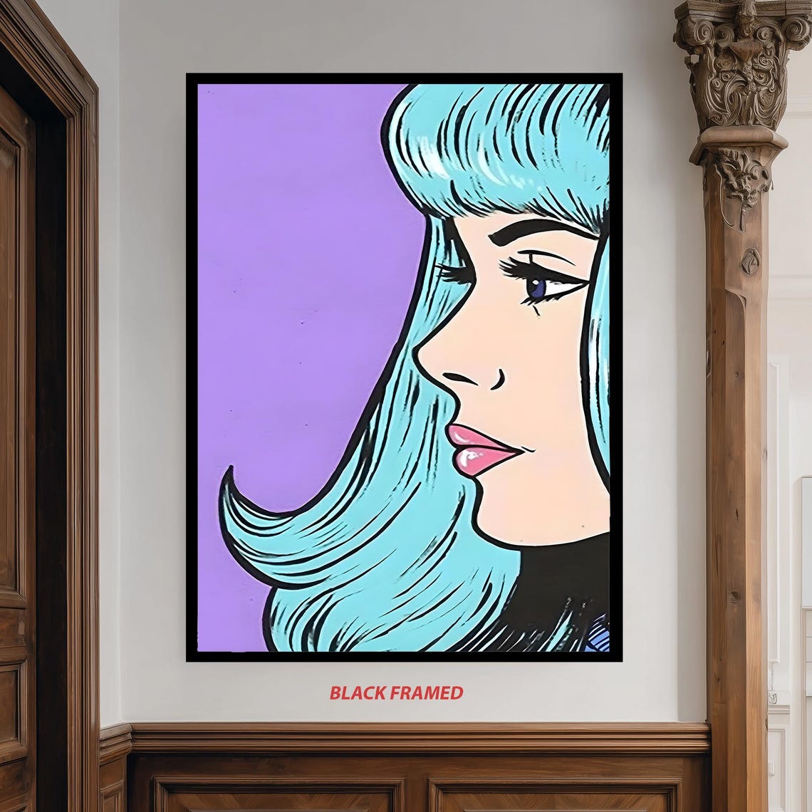 Retro Comic Pop Art Blue Haired Woman In Profile On Purple Poster