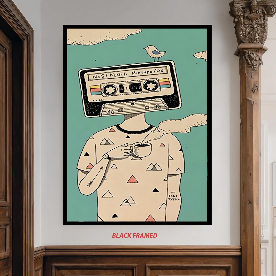 Retro Mixtape Art Print, Coffee Lover Music Nostalgia