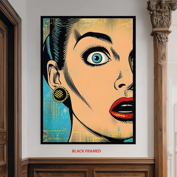 Pop Art Surprised Woman Portrait Vintage Comic Blue Eye Close Up Poster