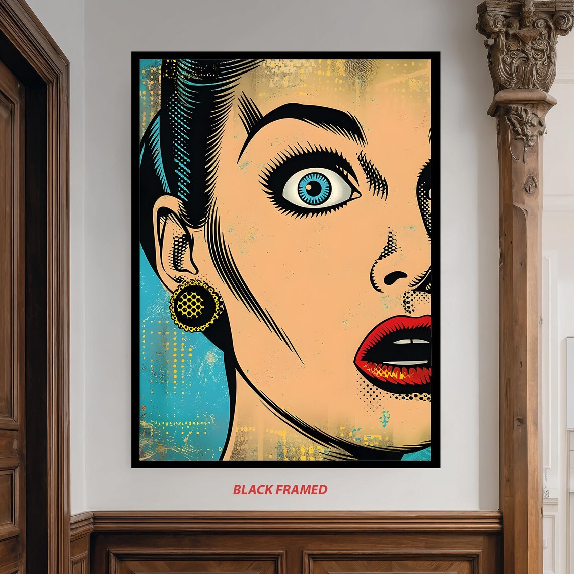 Pop Art Surprised Woman Portrait Vintage Comic Blue Eye Close Up Poster