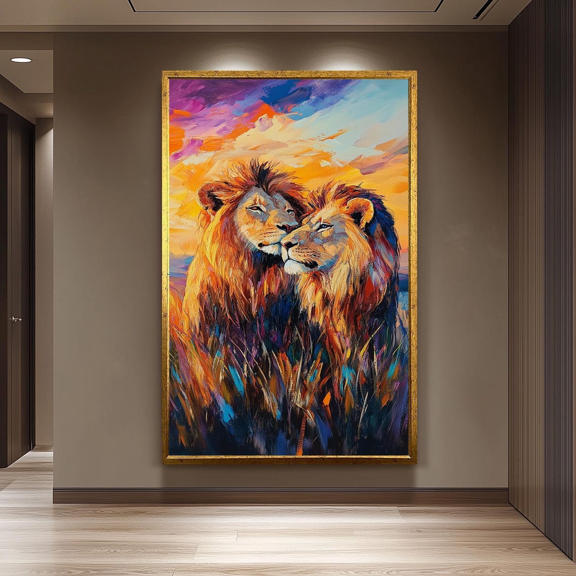 Lion Couple Nuzzling Sunset Vibrant Impasto Wildlife Love Poster