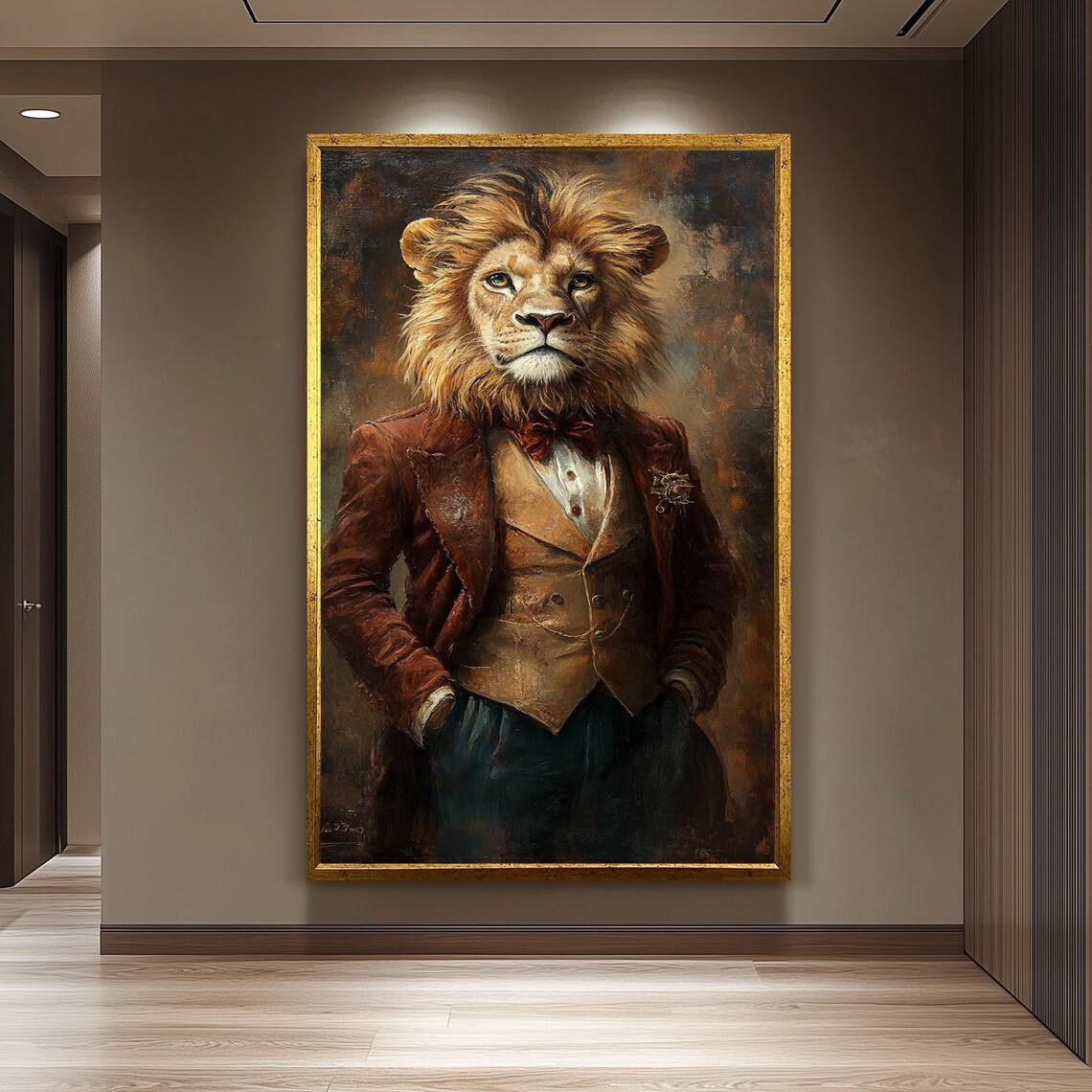 Distinguished Lion in Vintage Suit Bow Tie Regal Oil Painting Poster