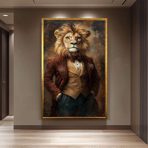 Distinguished Lion Wall Art Print Surreal Animal Portrait In Vintage Suit And Bow Tie Regal Jungle Gentleman Home Decor