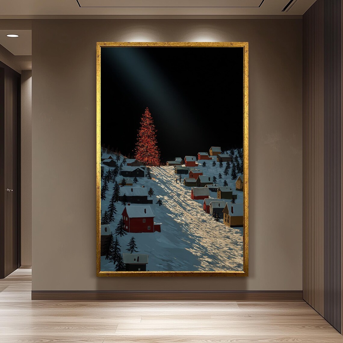 Snowy Village Night with a Glowing Christmas Tree Peaceful Winter Poster