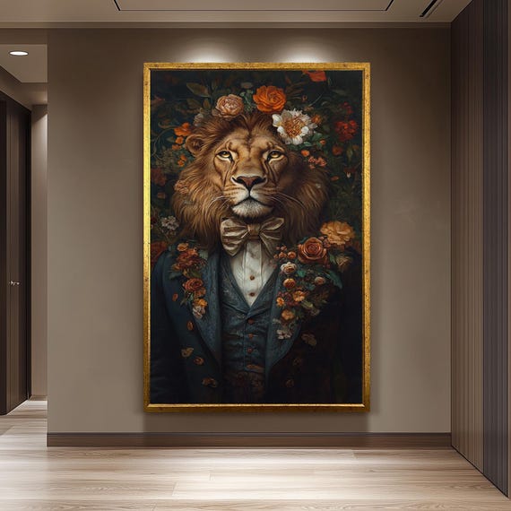 Elegant Floral Lion Wall Art Print Surreal Animal Portrait In Suit With Flowers Regal Jungle King Fantasy Home Decor Whimsical