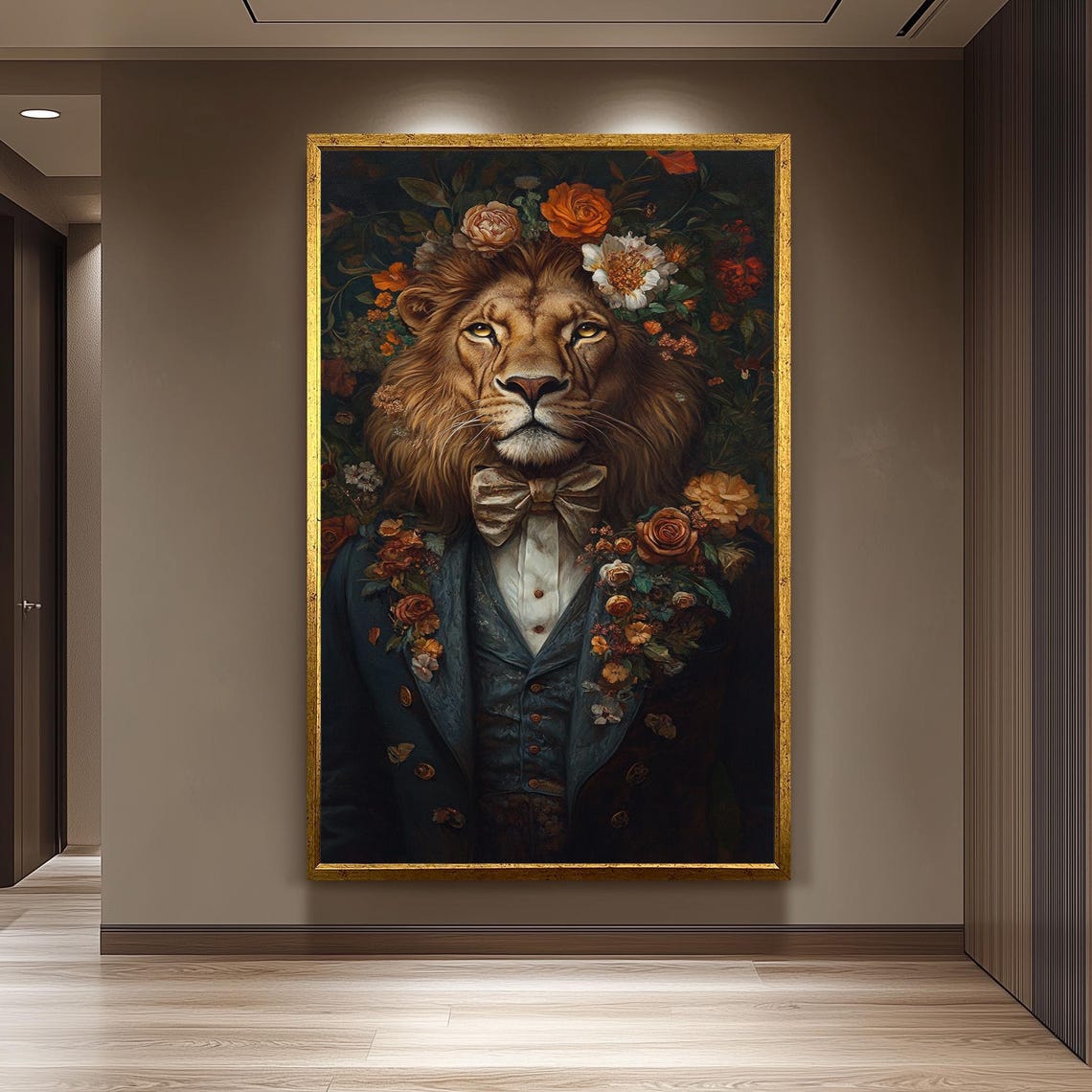 Dapper Lion in Suit with Bow Tie and Flowers Regal Portrait Poster