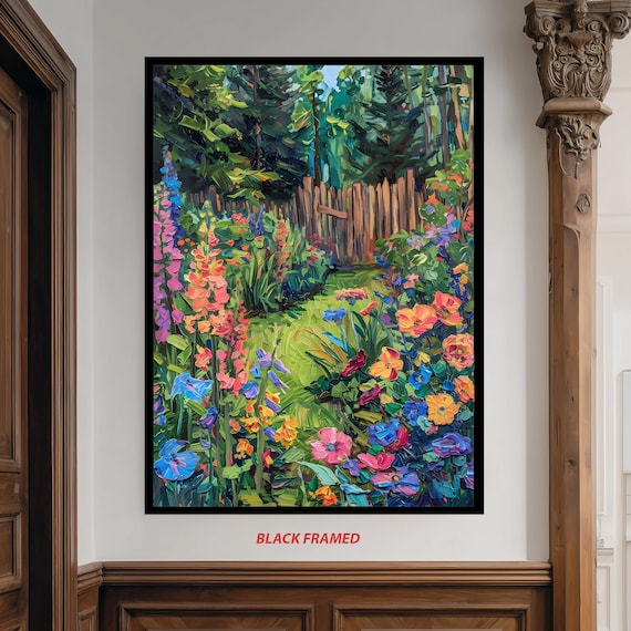 Cottage Garden Flower Pathway Impasto Oil Painting Landscape Poster