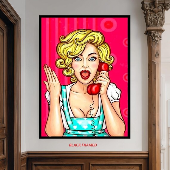 Retro Pop Art Blonde Woman on Red Phone Vintage Comic Style Poster