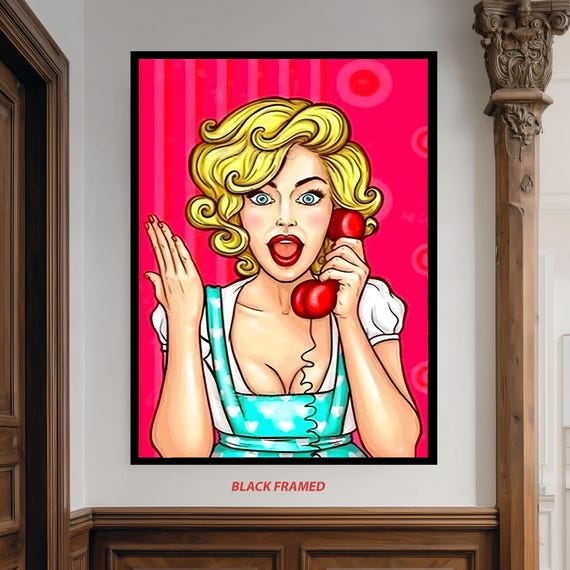 Retro Pop Art Woman Canvas Wall Colorful Blonde Girl Talking On Red Phone Vintage Comic Style Kitchen Decor For Bold Interiors