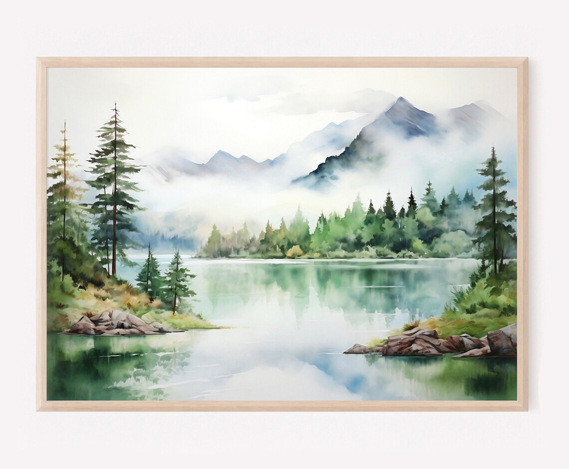 Mountain Lake Watercolor Landscape, Pine Forest Print