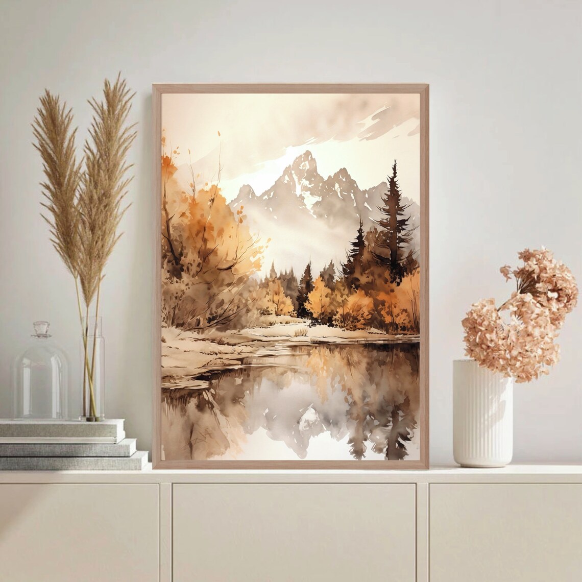 Grand Teton Autumn Lake Reflection Golden Foliage Watercolor Poster - Image 2