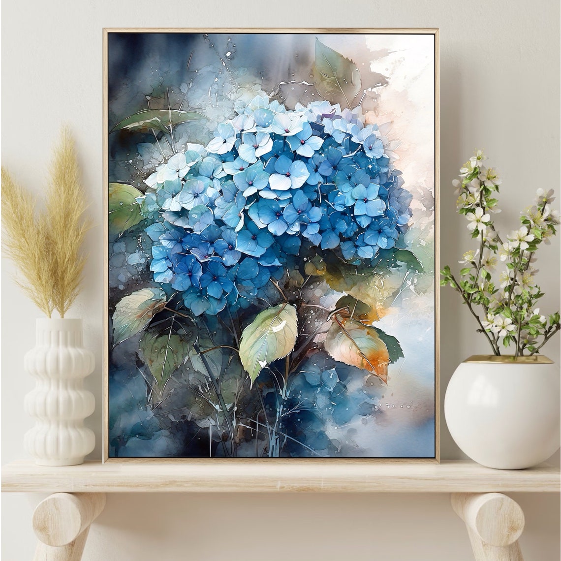 Blue Hydrangea Flower Head Lush Botanical Watercolor Floral Poster - Image 4