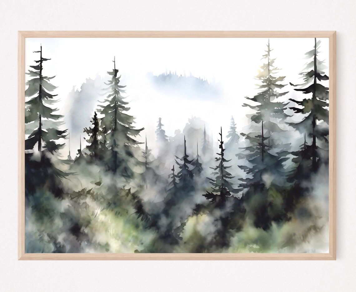 Evergreen Trees Watercolor Misty Forest Art Print