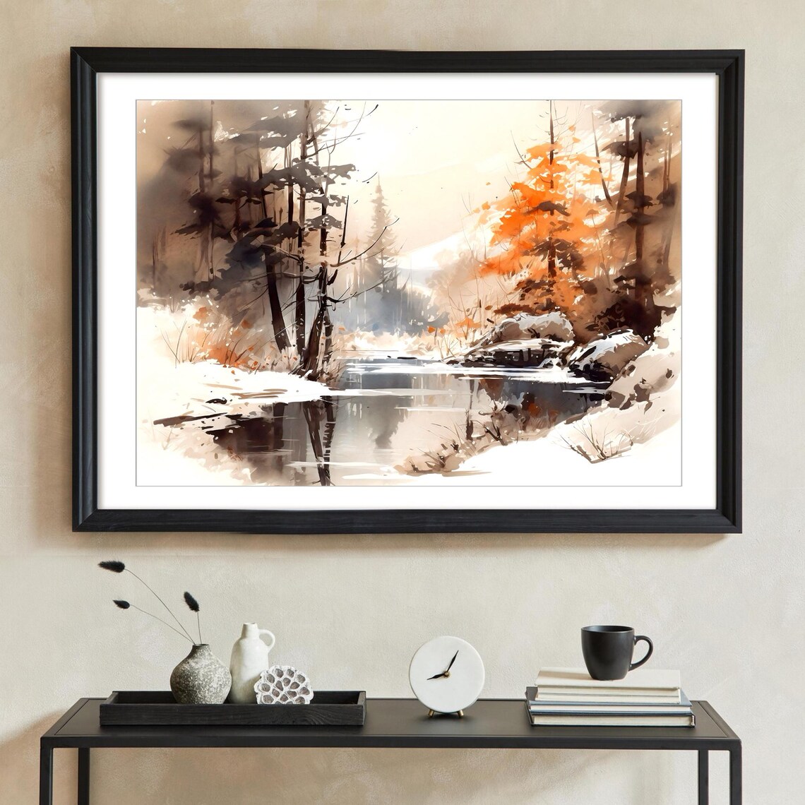Winter Forest Lake Mountain Watercolor Art Print - Image 3