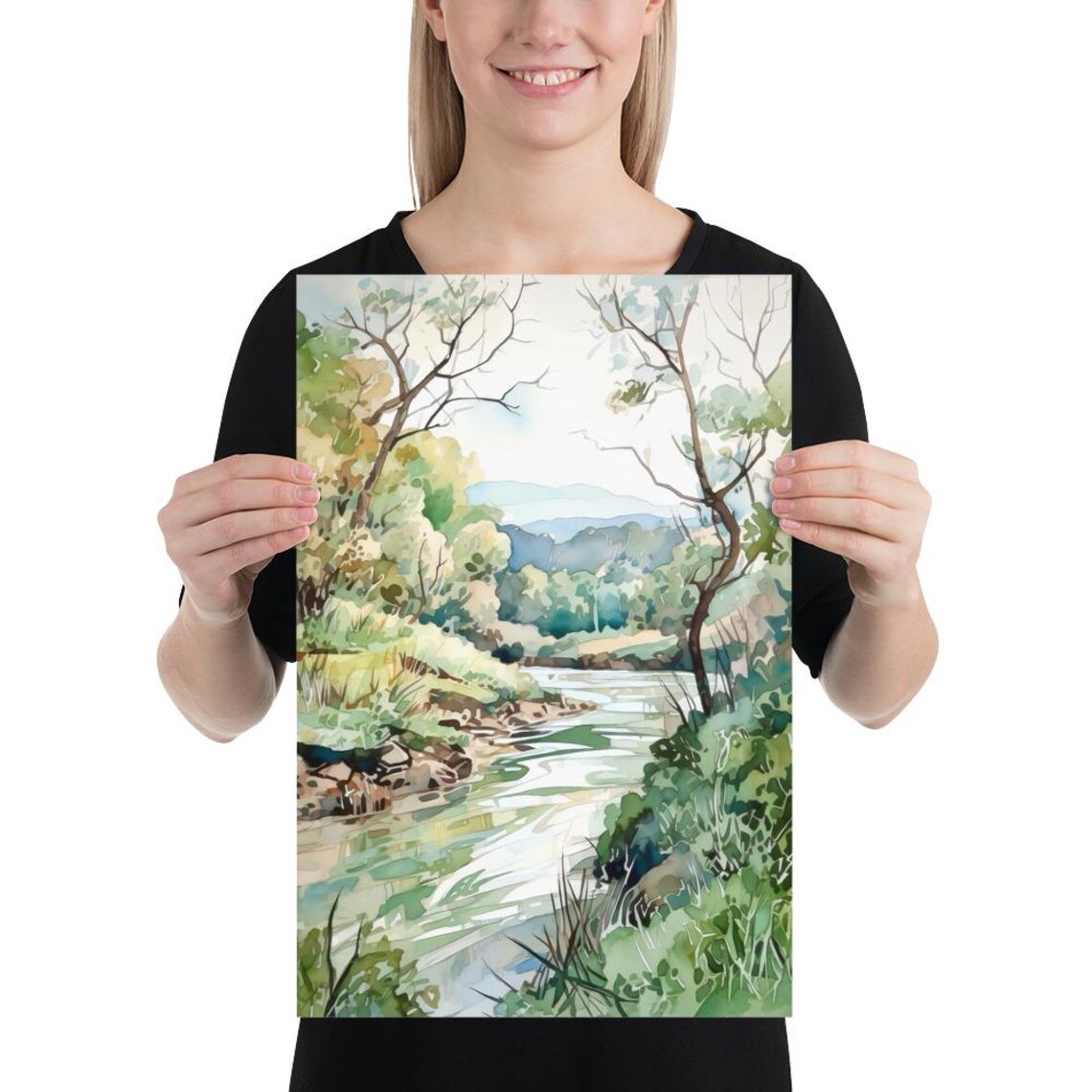 Green River Through Summer Forest Watercolor Nature Art Poster - Image 5