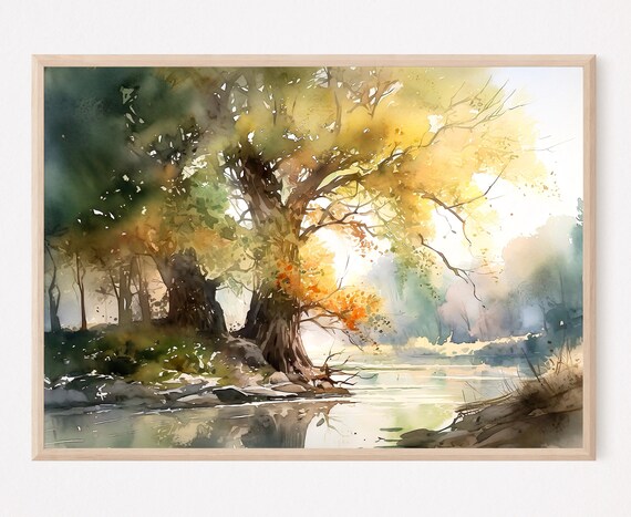 Golden Light Through Riverside Tree Calm Watercolor Art Poster