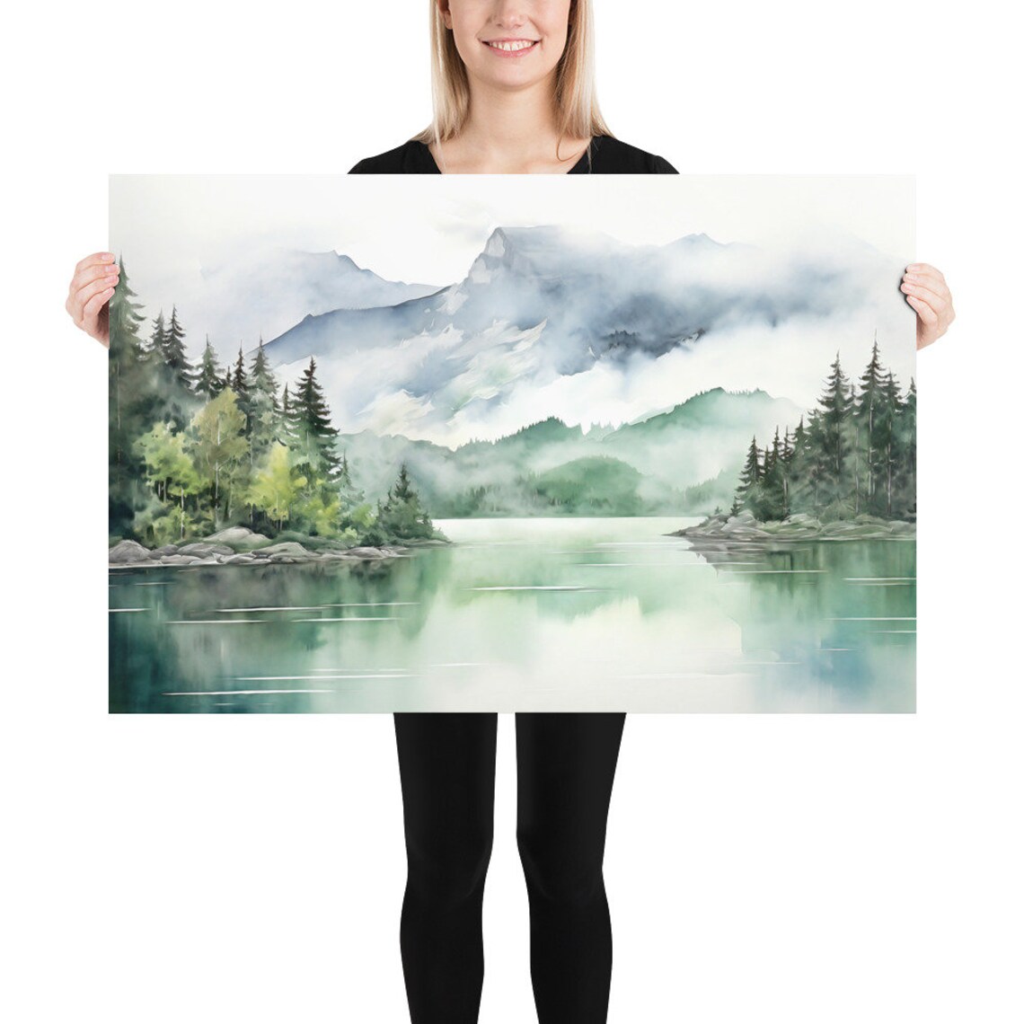 Mountain Lake Watercolor Landscape, Minimalist Art Print - Image 5